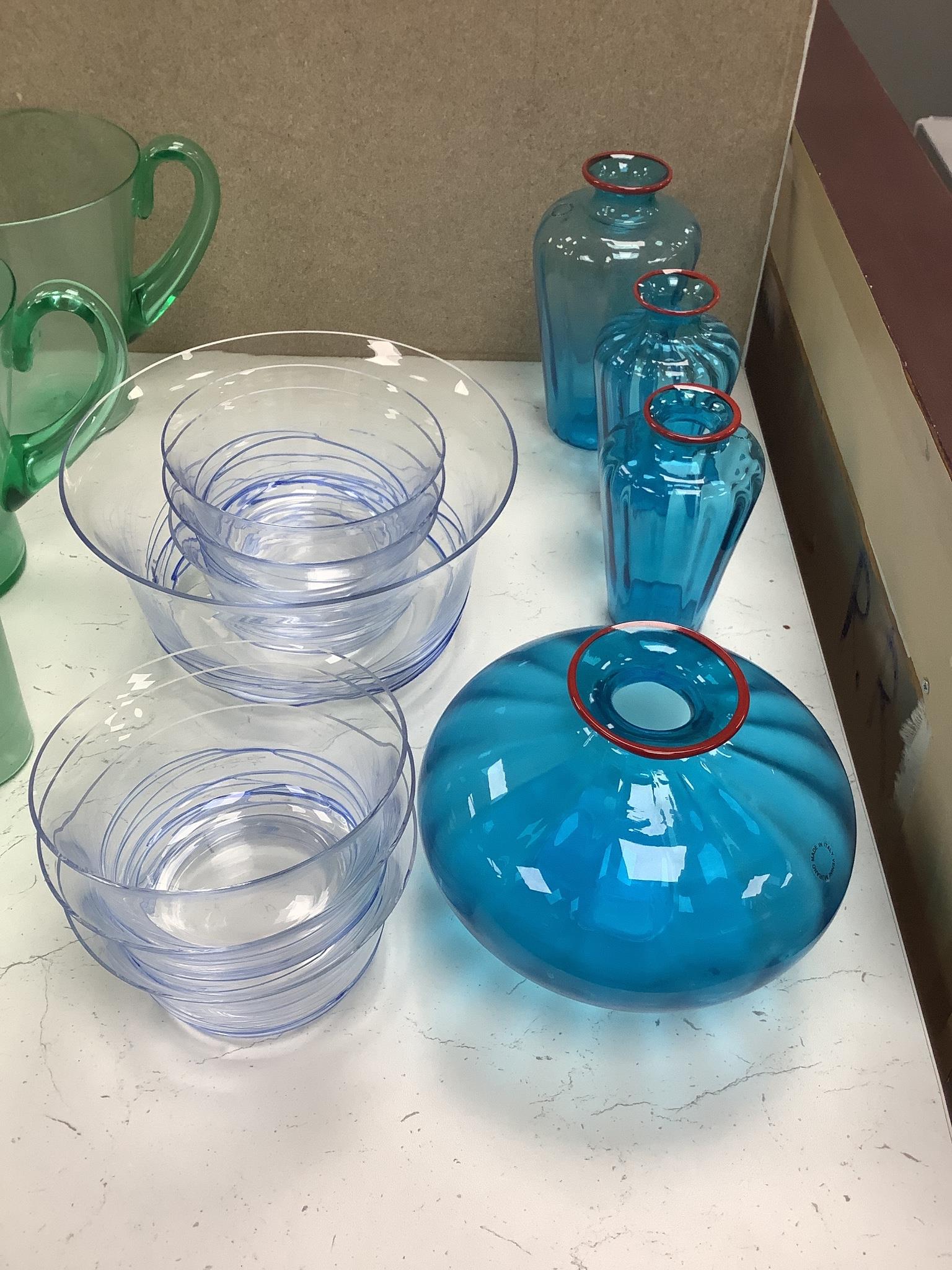 Venini Murano glass vases, jugs and carafes with red trailed rims, tallest 24 cm, la Murrina sets of glass bowls , a lemonade set, a set of Murano table glass with trailed pink rims etc.